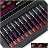 Lipstick Langmanni 12 peças Conjunto rico e fosco com um acabamento limpo liso Crayon Longlasting Cosmetics Beauty Maquigem Drop de Dhxty