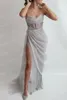 Party Dresses Gray Sexy Unique Prom Dress Spaghetti Strap Sleeveless Applique Split Chiffon Plus Size Women Formal Evening Elegant Gowns