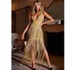 Casual Dresses High Quality Gold Bandage Dress Sexig Deep V Neck Tassel Strap Elegant Celebrity Fashion Night Club Women Party Bodycon Vcasua