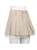 Sweetown Coreano Moda Khaki Saia Curta Lace Trim Bonito Plissado Estilo Preppy Botão Up Cintura Alta Verão 230301