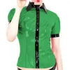 Women's Blouses Women Fashion Short Puff Sleeve Shiny PVC Shirt Vintage Slim Fit Turn-down Collar Blouse Chic Button Down Glossy Leather