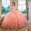 Sweety Peach Pink Quinceanera Vestidos Apliques de renda Stromestone Princesa Princess Formal Destas Vestidos de Partem