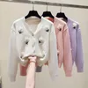 Kvinnors stickor Tees Flower Brodery Stylish Women Sweater Cardigan Korean Elegant Soft Ladies Knitwear Tops Långärm V-Neck Chic Jumpers 230302