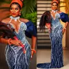 2023 Arabisch Aso Ebi Navy Blue Prom Dresses Mermaid kristallen avond formeel feest tweede receptie verjaardag verloving jurken jurk zj304