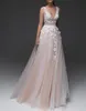 Pearl Pink A-Line Wedding Dress 2023 Golvlängd A-Line Sleeveless V Neck spetsblommor Brudklänningar Backels Boho Robe de Mariage