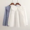 Women's Blouses Shirts Women Plaid Shirt Long Sleeve Spring Summer Tops Ladies Japanese Mori Girl Peter pan Collar Cute Baby doll Cotton White Blouses 230302