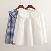 Blouses voor dames shirts vrouwen plaid shirt lange mouw lente zomer tops dames Japans mori meisje Peter pan kraag schattig baby pop katoen witte blouses 230302