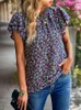 Women's Blouses Retro Floral Print Shirt Women Casual Loose Blouse Top Female Elastic O Neck Short Sleeve Ladies Vintag Summer