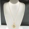 Pendant Necklaces Foromance YELLOW GOLD PLATED 24" FIGARO CHAIN NECKLACE & BLUE STONE AND CZ STONES HANGS 45MM 1.77 Inch