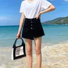 Kjolar koreanska kvinnor förlorar all-match sommar casual lapptäcke a-line denim svart blå fickor en-breasted mini kjol faldas