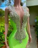 2023 Prom Dresses Green Orange Mermaid African Deep V neck Crystals Beads Black Girls Long Graduation Dress Plus Size Formal Evening Gowns Open Back Sleeveless
