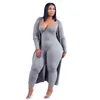 Womens Plus Size Pants Loungewear Women Sexy Outfits Two Piece Sets Ribbed Slip Jumpsuits and Long Sleeve Coat Wholesale Drop 230302