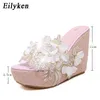 Summer Senhories Peep Toe Wedge Heel Heel High Salppers Design Flores da moda Sandálias de plataforma transparente 230302