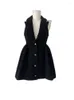 Casual Dresses Black Color Sleeveless Women Classic Frocks 2023 Single Breasted Lapel Pleated Tunic Female Dress French Elegance Vintage