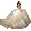 2023 Sexy Ball Gown Quinceanera Dresses Bridal Gowns Gold Sequined Lace Tulle Off Shoulder Appliques Crystal Beads Peplum Sweet 16 Dress Sweep Train Tiered