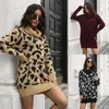 Casual Dresses 2023 Spring Autumn Leopard Print Knitted Turtleneck Dress Fashion Street Warm Short Elegant Loose Women Sweater