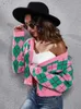 Women's Knits Tees Cardigan Women Long Sleeve Sweater Button Up V Neck Plaid Cardigans Autumn Winter Tops Skinny Streetwear Pink Knitted Jumper 230302