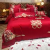 寝具セットレッドラグジュアリーゴールドフェニックス4/6 PCS刺繍中国の結婚式のコットンセット布団キルトカバーベッドシート枕カバー