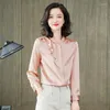 Women's Blouses 2023 Early Autumn Elegant Pink Pure Silk Blouse Women Runway 0-Neck Ruffle Long Sleeve Pullover Fashion High End Soft Chic