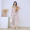 Women's Two Piece Pants Miyake Pleated 3D Appliques Flower Shirt Women 2023 Spring Summer Fashion Suit Causal Chinese Printed Sets