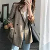 Женские костюмы Blazers Vintage Plaid Double Breads Women Blazer Негабаритный полной рукав сетка.