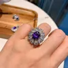 Flower Amethyst Diamond Set Sterling Sier Engagement Wedding Rings Earrings Necklace for Women Promise Jewelry