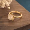 Fedi Nuziali Gioielli Femminili Stile Cinese Oro Antico Anello Con Perline Di Giada Hetian Naturale Apertura Fiore Semplice Regolabile Per Le DonneMatrimonio