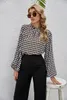 女性のブラウスランタンスリーブルーズシフォンブラウス2023女性スタンドカラースタイリッシュな格子縞のプリントシックカジュアルシャツ