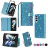 Rope Folio Glitter Zipper Phone Cases for iPhone 14 13 12 Pro Max Samsung Galaxy Z Folding Fold3 Fold4 S23 Ultra S22 S21 Plus Sparkle Leather Wallet Chain Bracket Shell