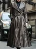 Damesjacks Nerazzurri Autumn Long Brown Black Soft Faux Leather Trench Coat For Women Belt Skirt Elegant Luxury Fashion 5XL 6XL 7XL 230302