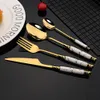 Dinnerware Sets 420PCS Gold Stainless Steel Flatware Cutlery Emerald Marble Ceramic Handle Knife Fork Tea Spoon Dinner 230302