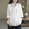 Women's Blouses Shirts Spring Autumn Arts Style Women Long Sleeve Loose Shirt Vintage Embroidery Cotton Linen Blouse Female Tops C596 230302