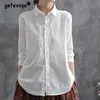 Bluzki damskie koszule vintage bawełniane białe haftowe topy z długim rękawem damskie koszulę klapy guziki swobodne modne bluzka żeńskie ubrania 230302
