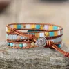 Strand Leather Wrap Armband w/ Stones Multi Color Natural Beads Crystal Weaving Statement Art Armband Gifts