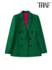 Women's Suits Blazers TRAF Women Fashion Double Breasted Buttoned Green Blazer Coat Vintage Long Sleeve Welt Pockets Female Outerwear Chic Vestes 230302