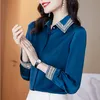 Women's Blouses & Shirts Silk Satin Autumn Women Fashion Embroidery Turn-down Collar Long Sleeve Blue Shirt Office Lady Elegant Loose Button