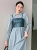 Abiti per feste Zcsmll Blue Vintage Dress Women Wort-Down Collar maniche lunghe Frump Fring Summer Fashi