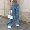 Jeans pour femmes Pantalon Cargo Vêtements High Street Vintage Washed Waisted Femme Casual Multi Pocket Wide Leg Baggy 230301