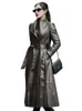 Damesjacks Nerazzurri Autumn Long Brown Black Soft Faux Leather Trench Coat For Women Belt Skirt Elegant Luxury Fashion 5XL 6XL 7XL 230302