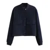 Women's Jackets Dark Blue Cropped Women Long Sleeves Big Pockets Chic Lady High Street Casual Coats Top Female 2023 230302