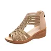 Women Sandals Comfortable Crystal Wedges High Heels Hollow Out Zipper Shoes Flat Stylish 32996