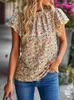 Women's Blouses Retro Floral Print Shirt Women Casual Loose Blouse Top Female Elastic O Neck Short Sleeve Ladies Vintag Summer