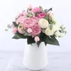 Decorative Flowers 30cm Rose White Silk Peony Artificial Bouquet 5 Big Heads 4 Small Bud Fake For Wedding Home Decoration