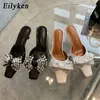 Mode Slipper Frauen Spitz Zehe Slip Auf Pantoletten Dünne Niedrigen Ferse Rutschen Schuhe Design Schmetterling-knoten KRISTALL Flip-Flops 230302