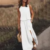 Women Casual Dresses Loose Slit Sleeveless Sundress Solid Color Crew Neck Long Dress Summer Beach A-Line Dress Plus Size S-4XL