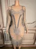 Stage Wear Women Sexy Sparkly Rhinestones Chain Dress Nude Mesh Transparent Celebrate Wedding Evening Prom Gown Birthday