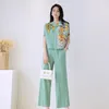 Femmes deux pièces pantalon Miyake plissé 3D Appliques fleur chemise femmes 2023 printemps été mode costume casual chinois imprimé ensembles