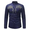 Hommes chemises décontractées mode blanc broderie col montant chemise hommes 2023 marque Slim Fit à manches longues robe affaires solide