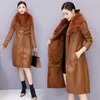 Women's Jackets Leather Jacket for Winter Plus Velvet Warm Slim Big Fur Collar Long Coat Female Outerwear 230302