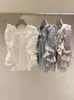 여성용 블라우스 달콤한 주름 플레어 슬리브 블라우스 여성 o-Neck 레이스 업 접힘 디자인 일본 셔츠 2023 봄 여름 우아한 패션